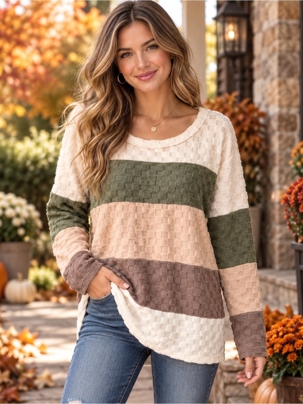BiBi Textured Color Block Long Sleeve Top Small NWOT